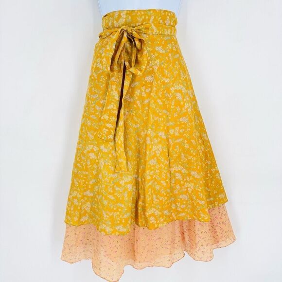 Mexicali Blues Floral Mixed Print Silk Blend Wrap MIDI Skirt Cottagecore Boho OS - Picture 1 of 15